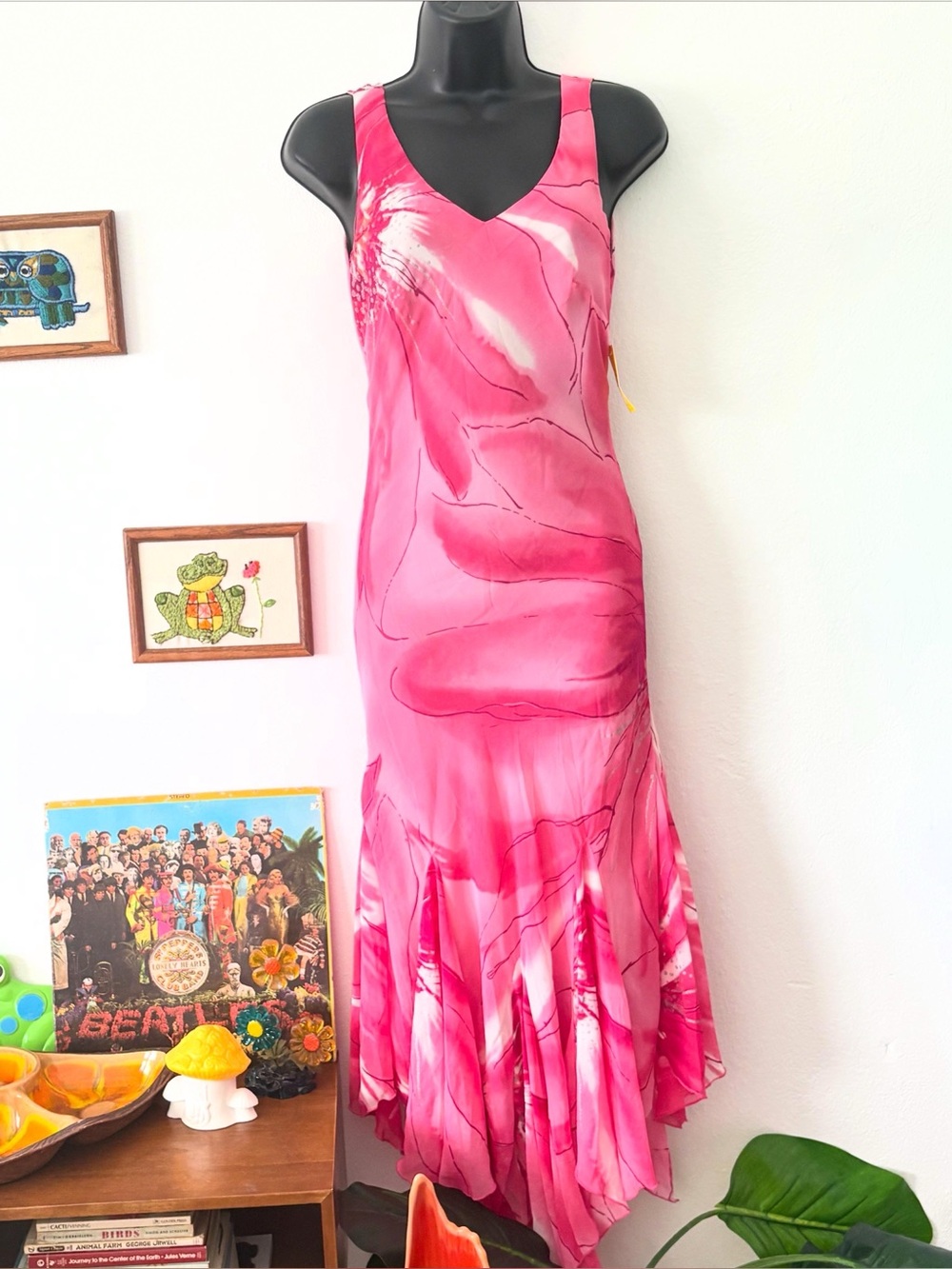 Y2K Sugar Pink V-Neck Floral Print Fairycore Bias Cut Hem Maxi Dress